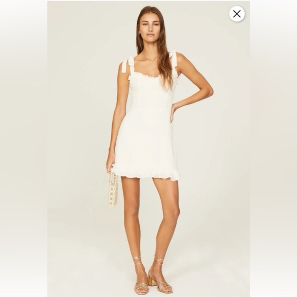 Reformation White Tie-Shoulder Mini Dress with Ruffle Hem - Picture 3 of 6